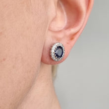 Load image into Gallery viewer, Vintage 18ct Gold Sapphire and Diamond Oval Cluster Stud Earrings modelled