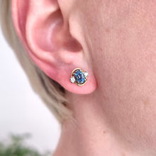 Load image into Gallery viewer, Vintage 18ct Gold Blue Topaz and Diamond Stud Earrings modelled