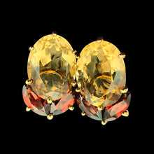 Load image into Gallery viewer, A pair of oval citrine and marquise garnet earrings in yellow gold