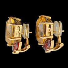 Load image into Gallery viewer, A pair of oval citrine and marquise garnet earrings in yellow gold