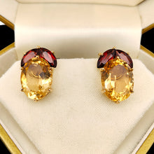 Load image into Gallery viewer, A pair of oval citrine and marquise garnet earrings in yellow gold, in a vintage box