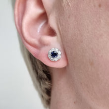 Load image into Gallery viewer, 18ct White Gold Sapphire and Diamond Cluster Stud Earrings modelled in the ear