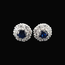 Load image into Gallery viewer, 18ct White Gold Sapphire and Diamond Cluster Stud Earrings from the front, on a black background
