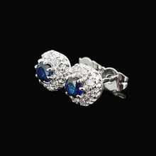 Load image into Gallery viewer, 18ct White Gold Sapphire and Diamond Cluster Stud Earrings side view, on a black background