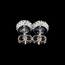 Load image into Gallery viewer, 18ct White Gold Sapphire and Diamond Cluster Stud Earrings viewed from behind, on a black background