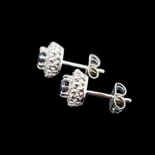 Load image into Gallery viewer, 18ct White Gold Sapphire and Diamond Cluster Stud Earrings side view, on a black background