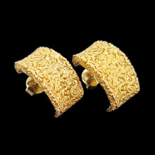 Load image into Gallery viewer, Nicolis Cola 18ct Yellow Gold Textured Half Hoop Earrings side view, on a black background