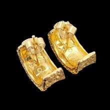 Load image into Gallery viewer, Nicolis Cola 18ct Yellow Gold Textured Half Hoop Earrings back view, on a black background