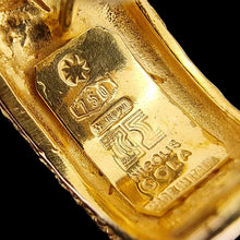 Load image into Gallery viewer, Nicolis Cola 18ct Yellow Gold Textured Half Hoop Earrings close-up of designer and 750 stamps