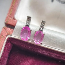 Load image into Gallery viewer, Pink sapphire and diamond earrings in an antique jewellery box