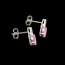 Load image into Gallery viewer, Pair of white gold earrings with pink sapphires and diamonds on a black background