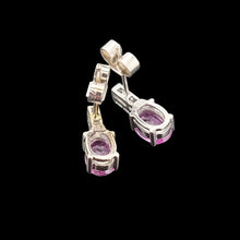 Load image into Gallery viewer, Pair of white gold earrings with pink sapphires on a black background