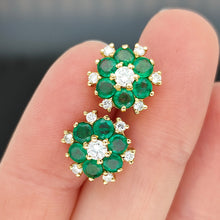 Load image into Gallery viewer, Vintage 18ct Yellow Gold Emerald and Diamond Cluster Stud Earrings