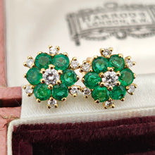 Load image into Gallery viewer, Vintage 18ct Yellow Gold Emerald and Diamond Cluster Stud Earrings