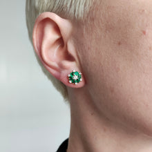 Load image into Gallery viewer, Vintage 18ct Yellow Gold Emerald and Diamond Cluster Stud Earrings