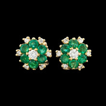 Load image into Gallery viewer, Vintage 18ct Yellow Gold Emerald and Diamond Cluster Stud Earrings