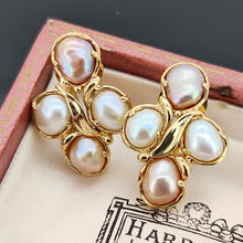 Load image into Gallery viewer, A pair of pink and white pearl cluster earrings in yellow gold, in an antique box