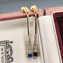 Load image into Gallery viewer, A pair of sapphire and diamond long drop earrings in white and yellow gold, in an antique box