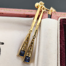 Load image into Gallery viewer, A pair of sapphire and diamond long drop earrings in white and yellow gold, in an antique box