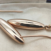 Load image into Gallery viewer, A pair of rose gold elongated drop earrings with hook fittings, in an antique box