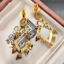 Load image into Gallery viewer, A pair of yellow gold open heart shaped drop earrings with diamonds, in an antique box