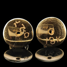 Load image into Gallery viewer, A pair of yellow gold butterfly fittings, on a black background, etched 0.27 and 18K