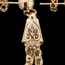Load image into Gallery viewer, A yellow gold fancy engraved tassel drop earring, close-up