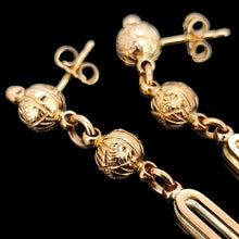 Load image into Gallery viewer, A pair of engraved bead and bar drop earrings in yellow gold