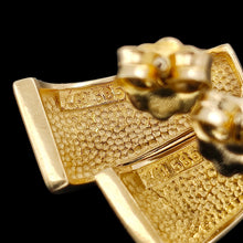Load image into Gallery viewer, Close-up of 585 stamps on the backs of a pair of yellow gold earrings