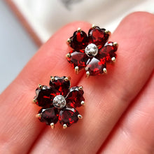Load image into Gallery viewer, Vintage 9ct Gold Garnet and Diamond Cluster Stud Earrings in hand
