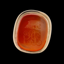 Load image into Gallery viewer, A carnelian intaglio fob seal stamp engraved with a bear and monogrammed PG initials, on a black background