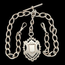 Load image into Gallery viewer, A silver Albert watch chain with large oval links, two lobster clasps, a T-bar and a shield shaped fob medal