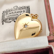 Load image into Gallery viewer, A yellow gold heart shaped locket with a diamond, in an antique Harrods box