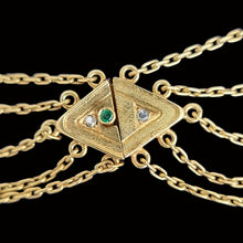 Load image into Gallery viewer, Gold chain necklace with a push-in clasp featuring an emerald and two diamonds on a black background