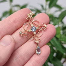 Load image into Gallery viewer, Antique 9ct Gold Aquamarine and Pearl Pendant in hand