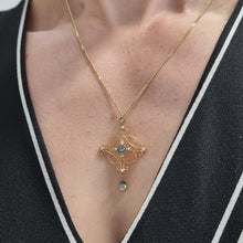 Load image into Gallery viewer, Antique 9ct Gold Aquamarine and Pearl Pendant modelled with chain