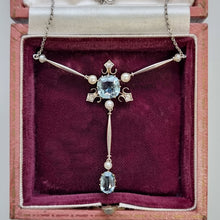 Load image into Gallery viewer, Edwardian Platinum & 18ct Gold Aquamarine, Diamond and Pearl Pendant Necklace in box