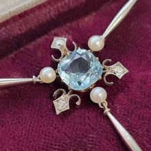 Load image into Gallery viewer, Edwardian Platinum & 18ct Gold Aquamarine, Diamond and Pearl Pendant Necklace detail