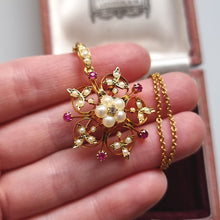 Load image into Gallery viewer, Antique 15ct Gold Ruby, Pearl and Diamond Pendant/Brooch Necklace in hand