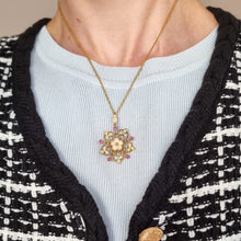 Load image into Gallery viewer, Antique 15ct Gold Ruby, Pearl and Diamond Pendant/Brooch Necklace modelled