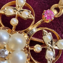 Load image into Gallery viewer, Antique 15ct Gold Ruby, Pearl and Diamond Pendant/Brooch Necklace solder repair