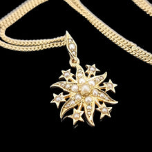 Load image into Gallery viewer, Antique 15ct Gold Pearl Star Pendant with 14ct Gold Curb Chain close-up of the pendant, on a black background