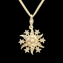 Load image into Gallery viewer, Antique 15ct Gold Pearl Star Pendant with 14ct Gold Curb Chain on a black background