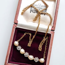 Load image into Gallery viewer, Antique 15ct Gold Pearl and Rose Cut Diamond Pendant Necklace in box