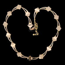 Load image into Gallery viewer, A rose gold link necklace with lobster clasp and extender chain, against a black background