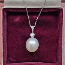 Load image into Gallery viewer, 18ct White Gold Pearl and Diamond Pendant Necklace, 0.30ct in box