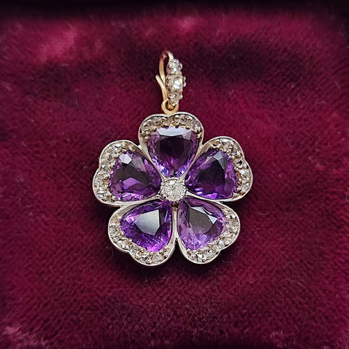 Victorian Gold & Silver Amethyst and Diamond Pansy Flower Pendant front