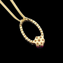 Load image into Gallery viewer, 14K Yellow Gold Ruby and Diamond Cluster Pendant back view, with curb link chain, on a black background