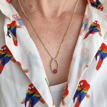 Load image into Gallery viewer, 14K Yellow Gold Ruby and Diamond Cluster Pendant modeleld with a curb link chain