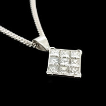 Load image into Gallery viewer, A square shaped diamond cluster pendant in white gold with a curb link chain, on a black background